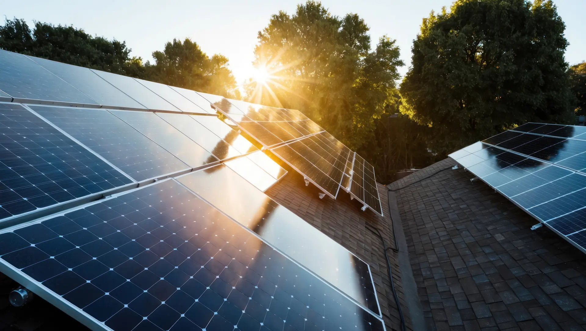 Photovoltaikmodule auf einem Dach im Gegenlicht der Sonne
