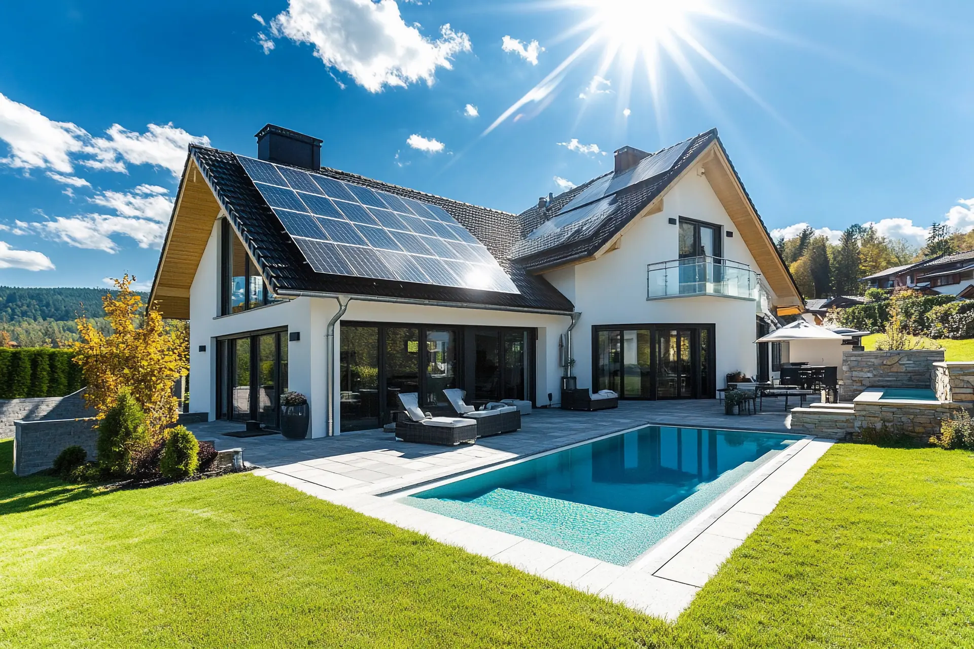 Moderner Neubau mit Photovoltaik in Indach-Optik und Pool im Garten